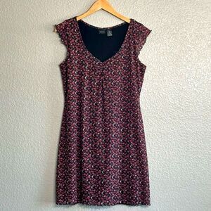 Vtg Chiffon Floral Mini Dress Black Red Lined V Neck Flutter Cap Sleeve Sz Large